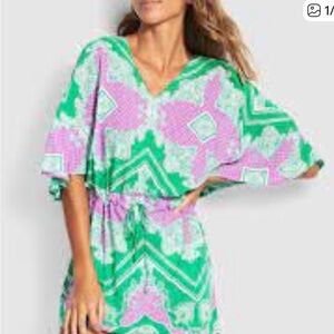 Seafolly Green & Purple V-Neck Tie-Waist Mini Dress M